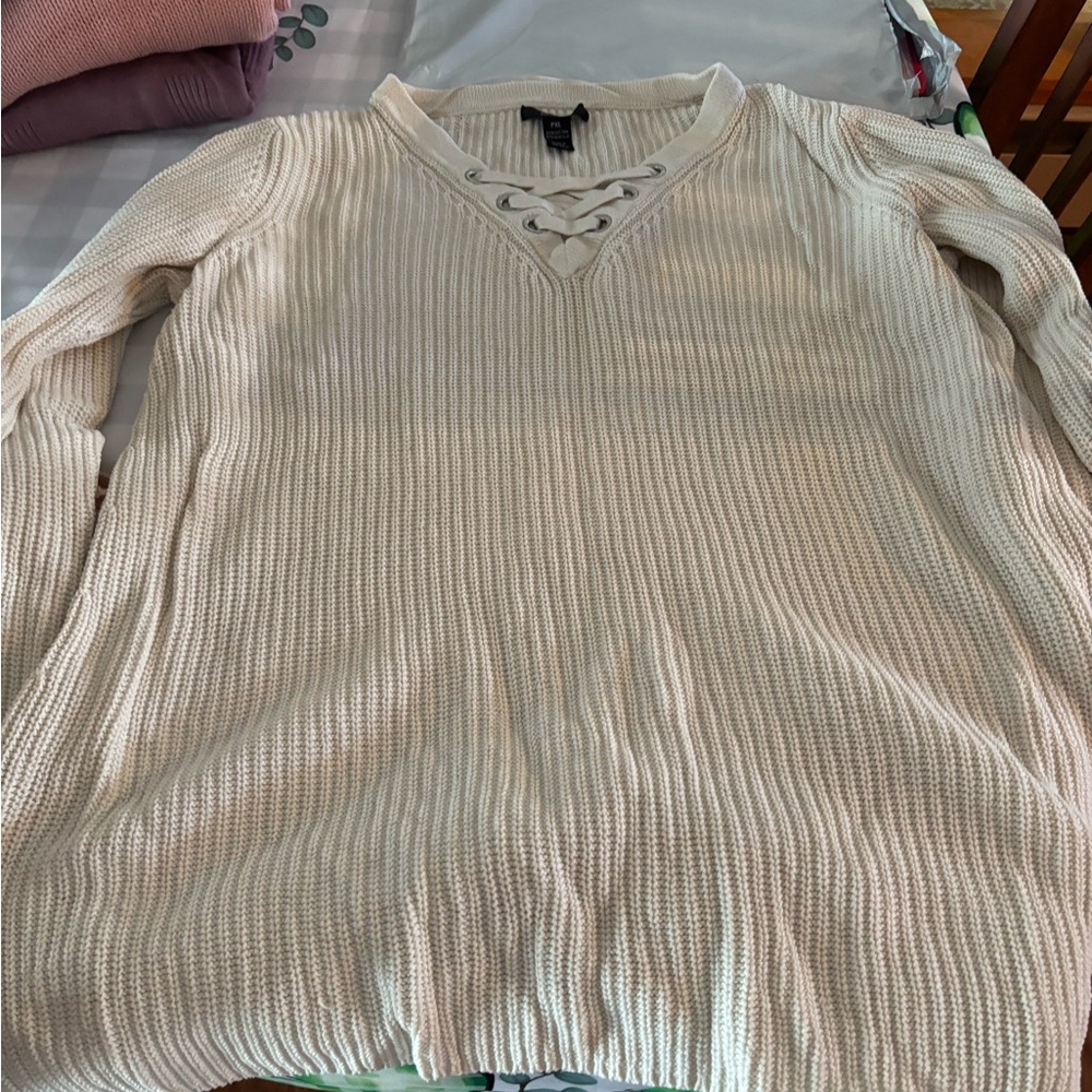 Style & Co. Lace-Up V-Neck Knit Sweater in Cream PXL